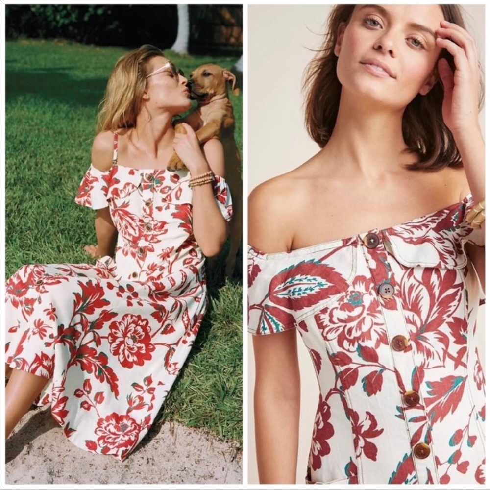 Anthropologie Floral Off-Shoulder Midi Dress - Red and White
